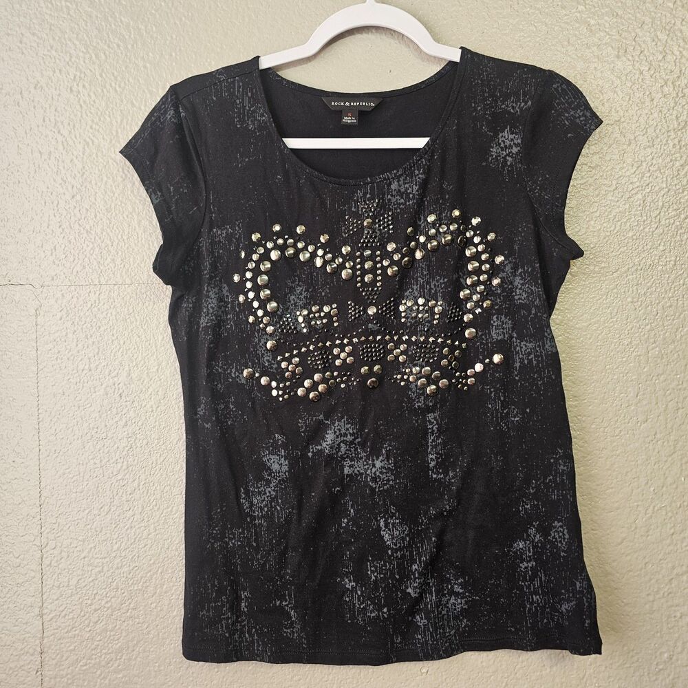 Black Studded Graphic Tee Short Sleeve Distressed  Rhinestone Embellished K721